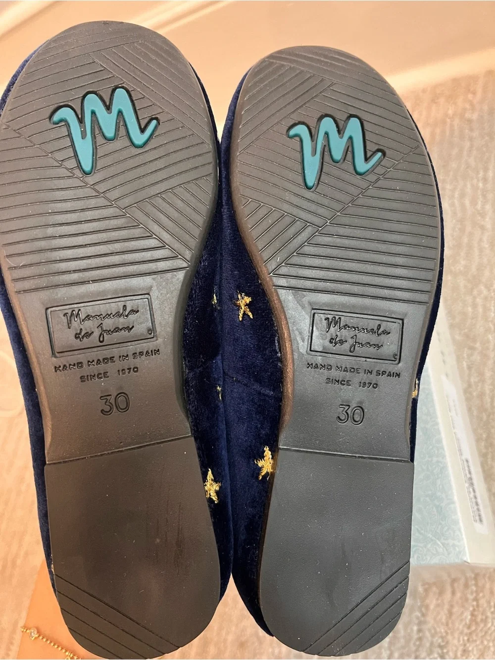Girls Navy Velvet Slip-On Loafers with Gold Star Embroidery